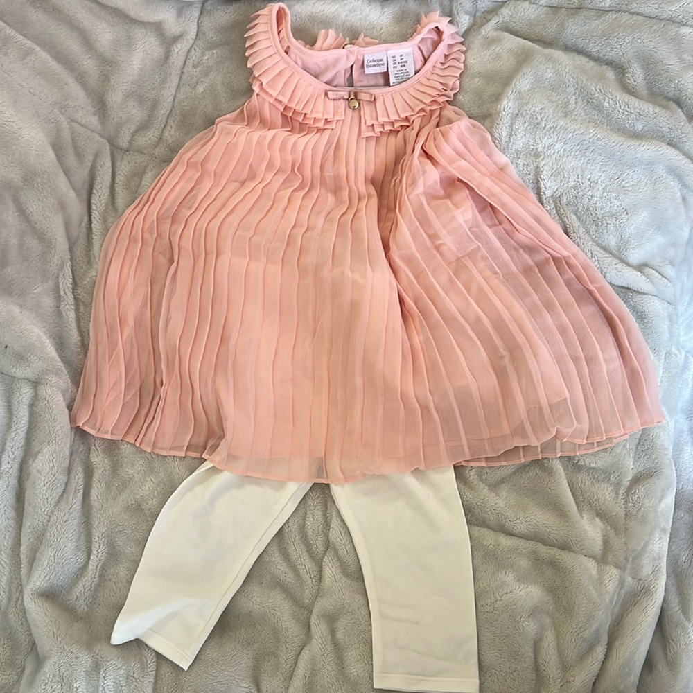Girls 2 piece set, pink and cream, pleated sleeveless top, 4t, NWT